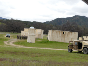 Military troops training near the road